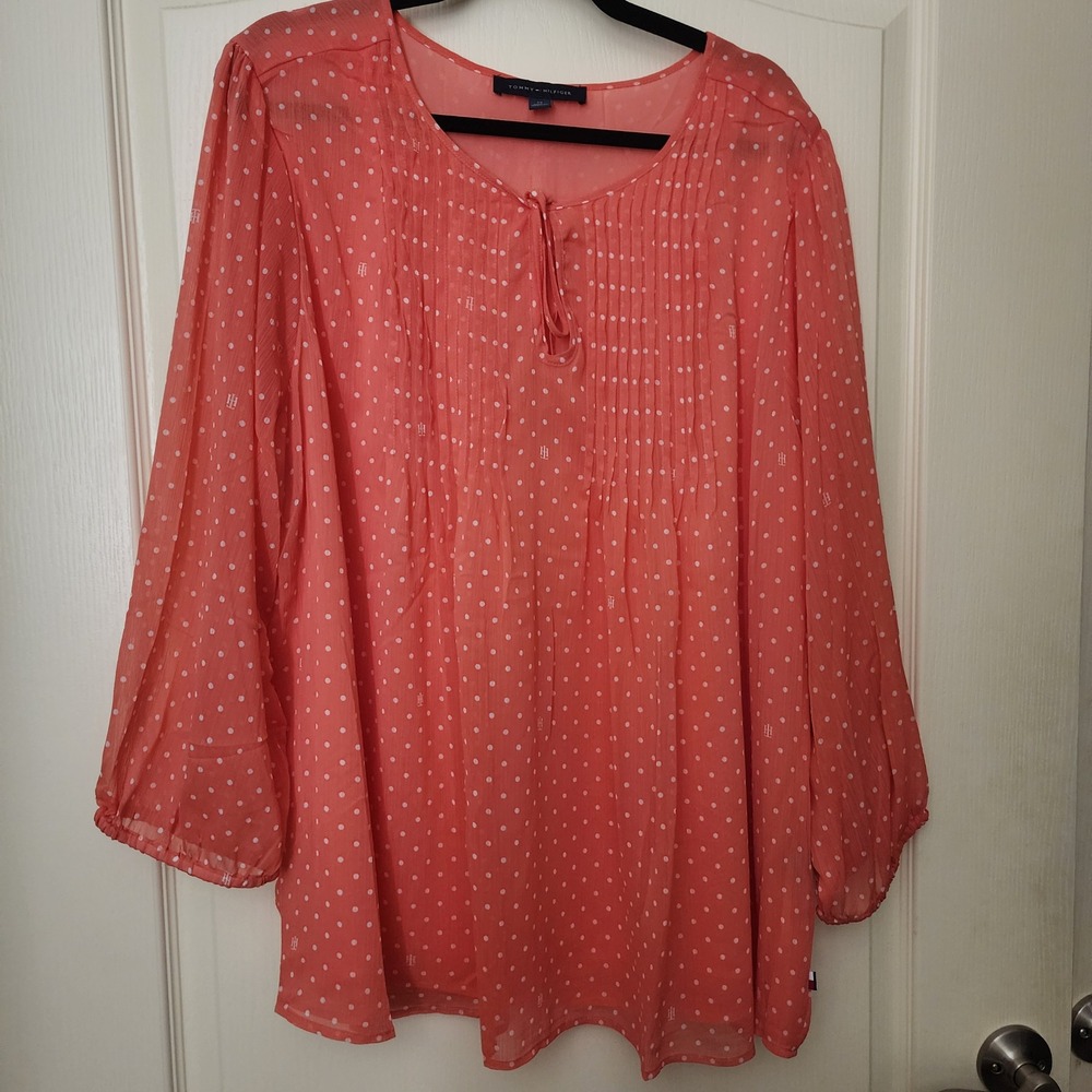 Tommy Hilfiger Coral Polka Dot Pleated Blouse 2X TJPDLW004E W2CMR178